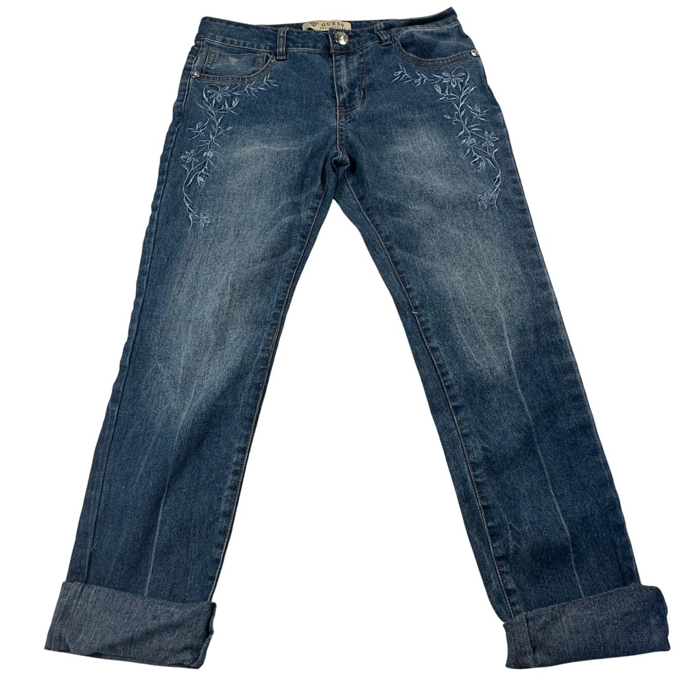 GUESS Girls Denim Jeans Cropped‎ Size Youth 14 Embroidered Design